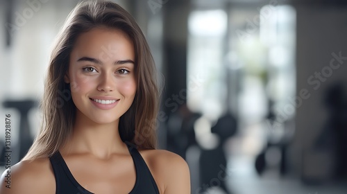 Free Download Confident Young Woman Smiling at Gym with Exercise Equipment in Background Radiating Positivity and Energy - GFXLoad