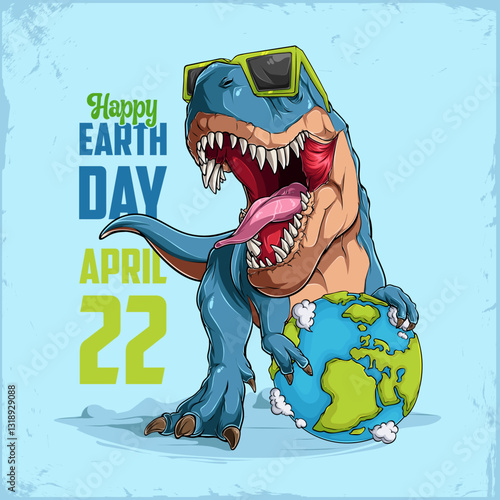 Hand drawn blue angry t rex dinosaur wearing glasses holding the globe enjoying the earth day event