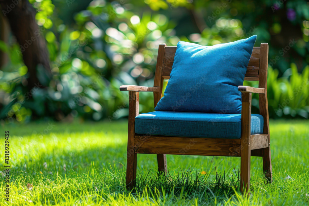 Fototapeta premium A garden armchair featuring a blue pillow, placed on vibrant green grass, surrounded by colorful foliage in a serene outdoor space