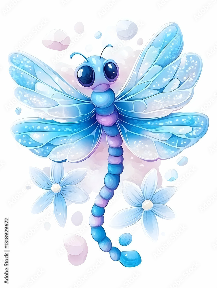 Fototapeta premium Adorable light blue dragonfly with delicate wings and flowers, stylized cartoon design