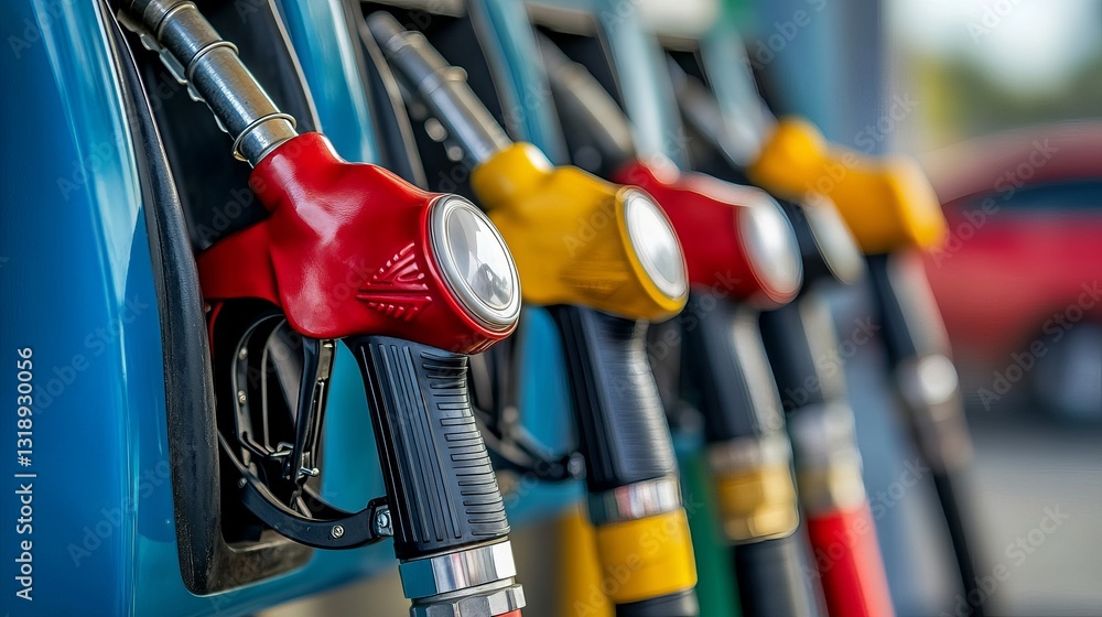 Diesel fuel nozzles at a refueling station macro shot for transportation and energy themes Diesel fuel nozzles at a refueling station macro shot for transportation and energy themes