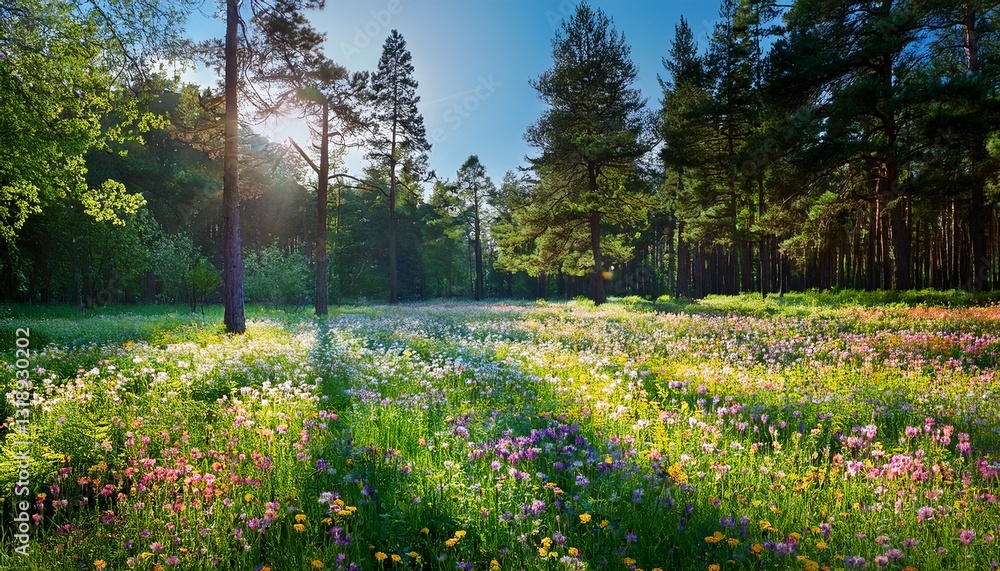 Fototapeta premium Wildflower meadow in the forest, with colorful blossoms dotting the green grass, surrounded by towering trees.