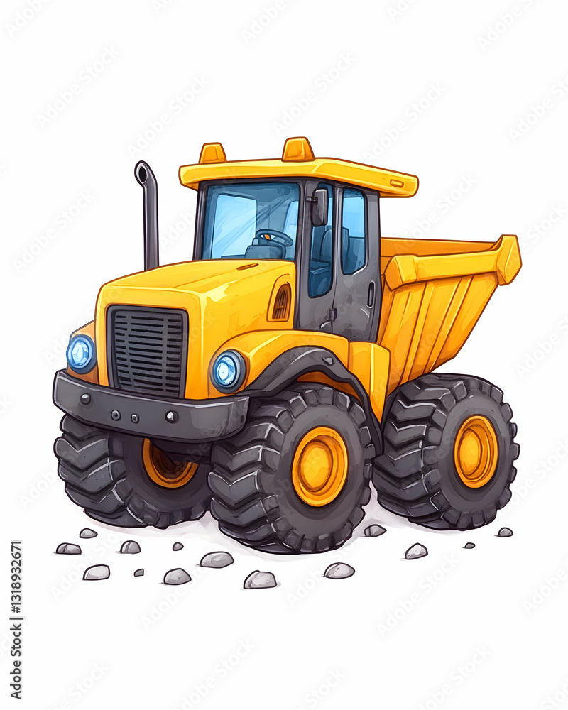 Cartoon dump truck, bright yellow, large tires, construction vehicle Cartoon dump truck, bright yellow, large tires, construction vehicle
