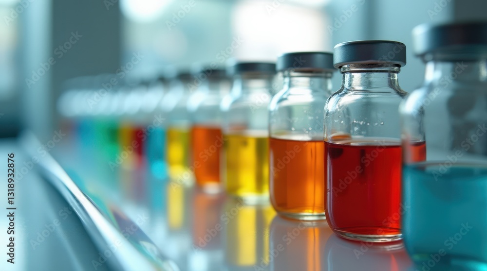 Colorful Glass Vials With Various Liquids Lined up on a Reflective Surface Indoors Colorful Glass Vials With Various Liquids Lined up on a Reflective Surface Indoors
