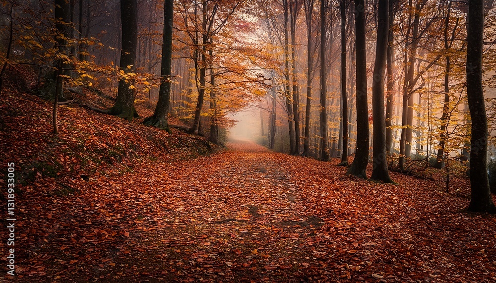 A dense forest trail covered in autumn leaves, leading into a mysterious wooded area. A dense forest trail covered in autumn leaves, leading into a mysterious wooded area.