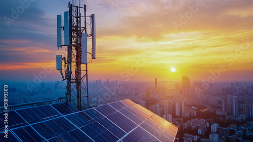 Solar cell antenna network on city, Future technology renewable energy.