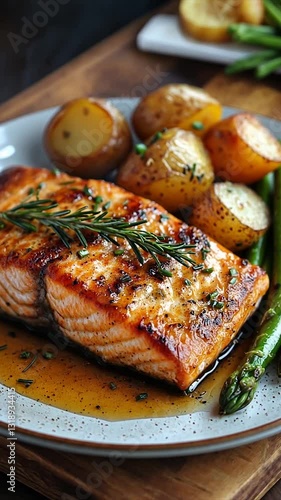 Grilled salmon fillet served with roasted potatoes and asparagus