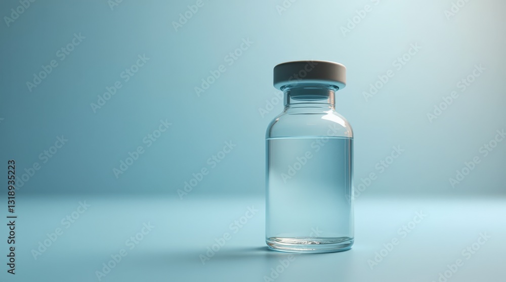 Clear Glass Vial Containing Solution on a Soft Blue Background With Gentle Lighting Clear Glass Vial Containing Solution on a Soft Blue Background With Gentle Lighting
