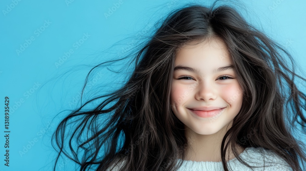 Fototapeta premium Cheerful long-haired girl exudes joy, vibrant energy radiates in a creative moment. 