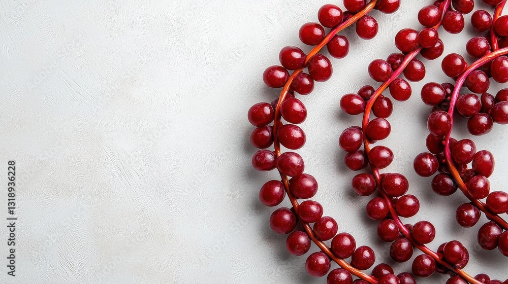 Vibrant red berries arranged in a decorative spiral pattern, white isolated background. Vibrant red berries arranged in a decorative spiral pattern, white isolated background.