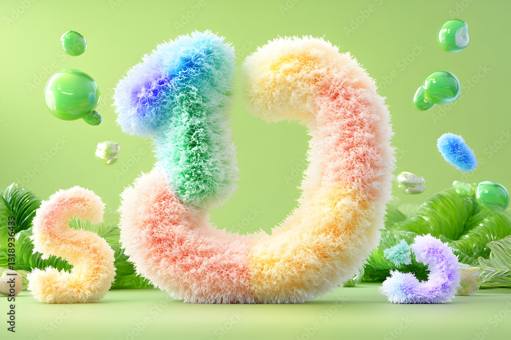 Fototapeta premium Colorful, fluffy 3D letters float against a pale green background with plant decorations