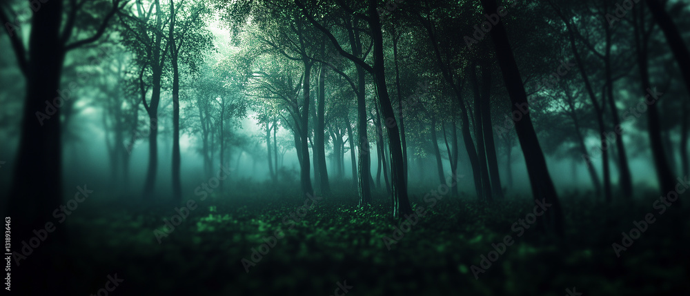 Fototapeta premium Mystical foggy forest with dense trees and an eerie green light filtering through the mist