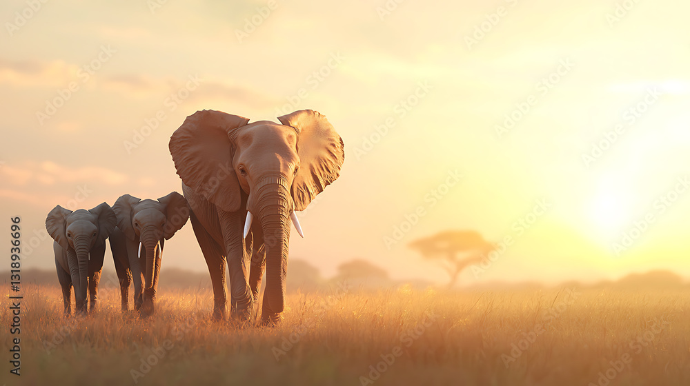 Fototapeta premium Elephants walking at sunset african savanna wildlife photography natural habitat low angle majestic creatures