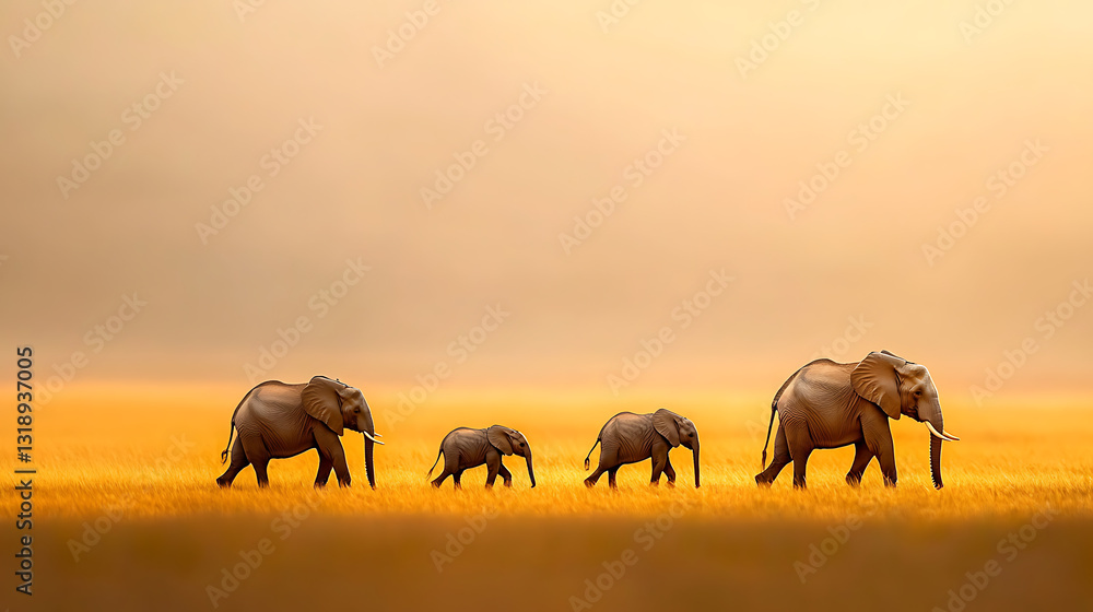 Fototapeta premium Elephants walking in golden savanna africa wildlife photography natural habitat wide angle family dynamics