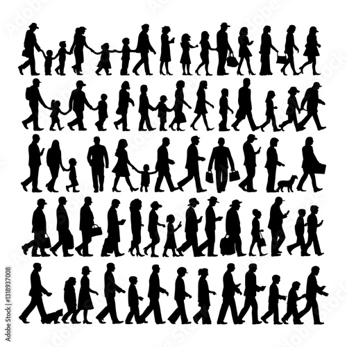 vector illustration. silhouettes of people walking along the street. Large set of characters of different ages.