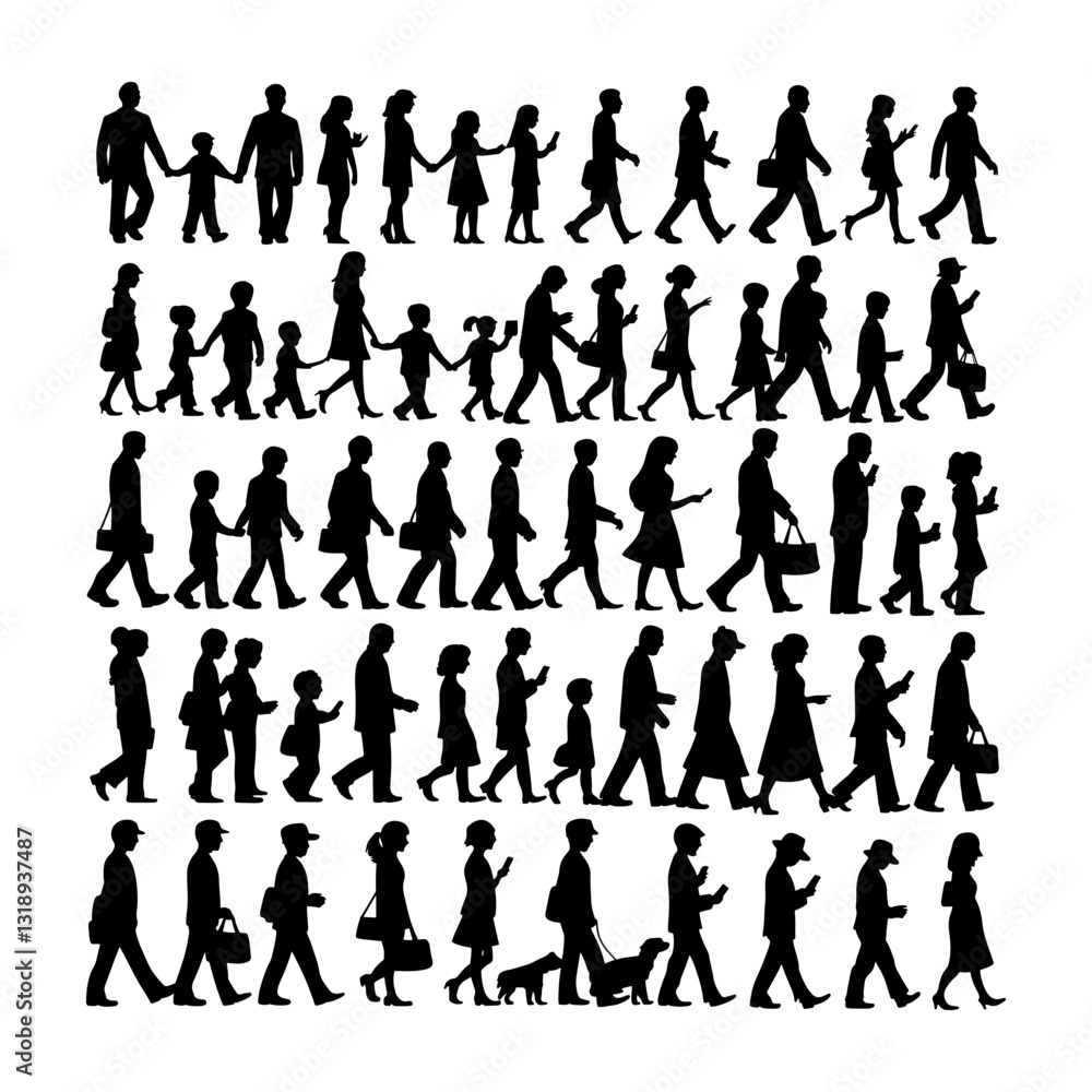 vector illustration. silhouettes of people walking along the street. Large set of characters of different ages. vector illustration. silhouettes of people walking along the street. Large set of characters of different ages.