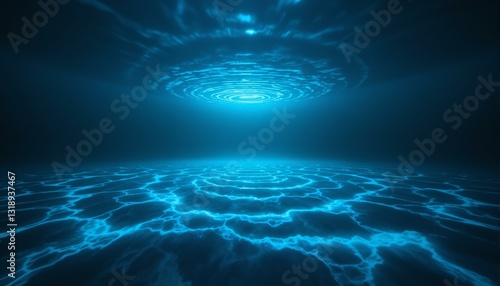 Dark, icy oceanic abyss, glacial blue concentric circles, silver lines, underwater sonar signals, bioluminescent whispers, frosty waves, ethereal brushstrokes, mysterious depths
