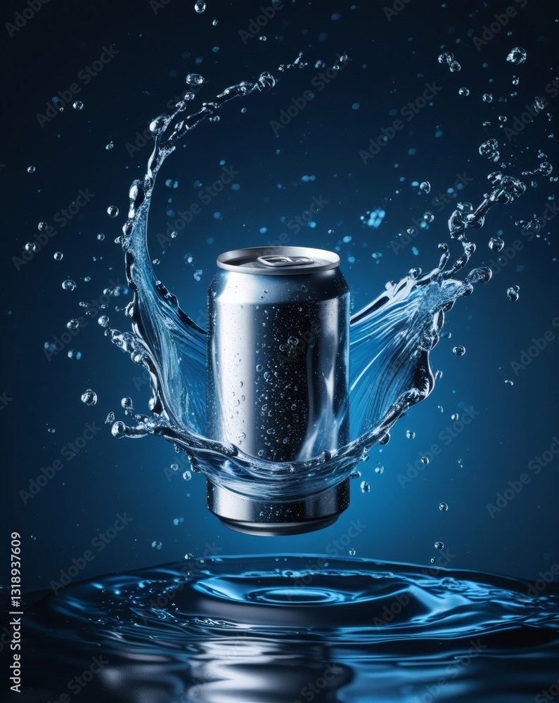High-Resolution Floating Soda Can with Frozen Liquid Splash Effect High-Resolution Floating Soda Can with Frozen Liquid Splash Effect
