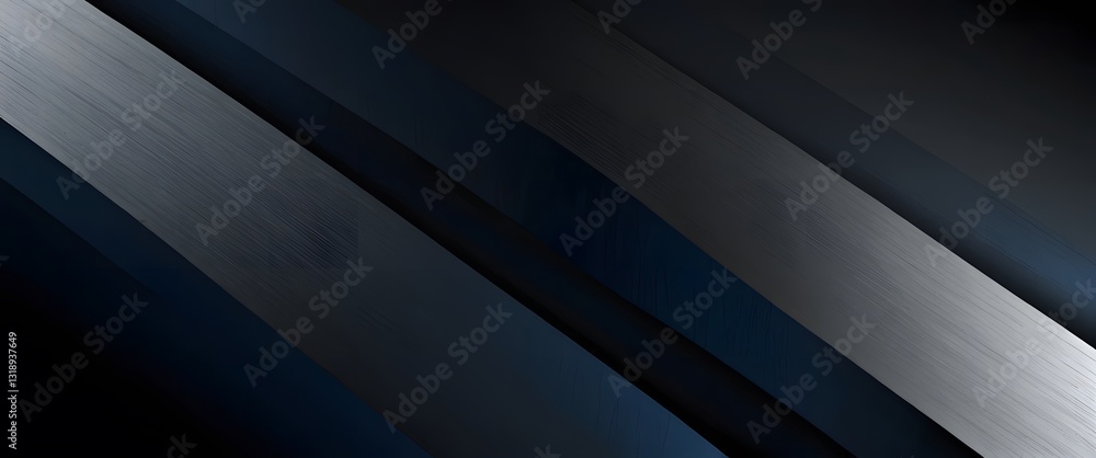 Fototapeta premium Diagonal Curved Bands in Dark Gray, Black, and Blue on Dark Background : Curved Stripe Abstraction