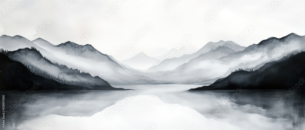 Monochrome mountain landscape with misty lake reflection in minimalist black and white composition Monochrome mountain landscape with misty lake reflection in minimalist black and white composition