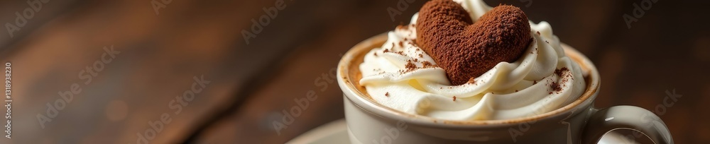 Fototapeta premium Whipped cream with a cocoa heart on top of coffee, indulgent, inviting, cocoa
