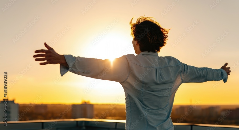 Man in white shirt standing with arms outstretched towards sunset on rooftop, expressing freedom and joy Man in white shirt standing with arms outstretched towards sunset on rooftop, expressing freedom and joy