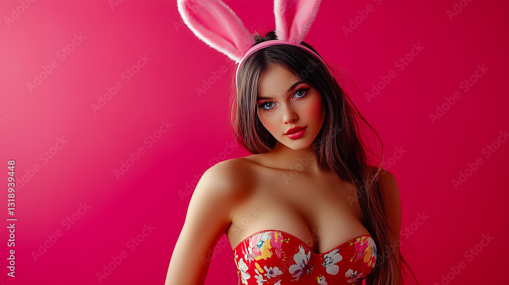 Girl with bunny ears isolated on pink background with empty space for text. Easter concept.