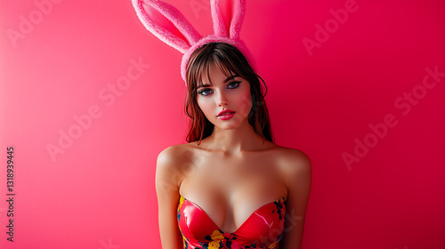 Girl with bunny ears isolated on pink background with empty space for text. Easter concept.