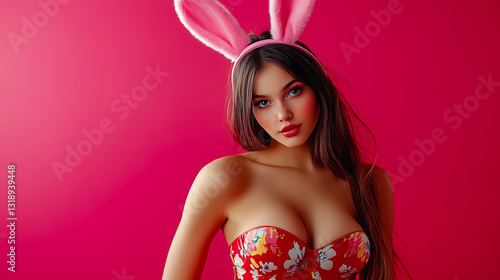 Obraz na płótnie Girl with bunny ears isolated on pink background with empty space for text. Easter concept. w salonie