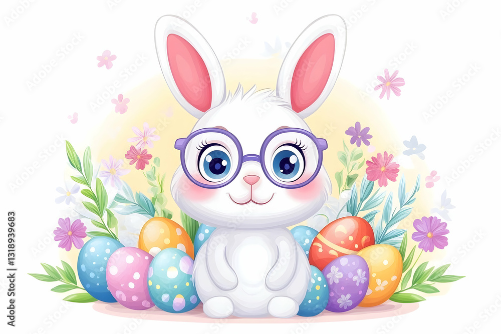 Cute bunny with glasses surrounded by colorful Easter eggs and flowers Cute bunny with glasses surrounded by colorful Easter eggs and flowers