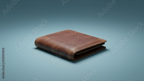 Brown leather wallet on blue background