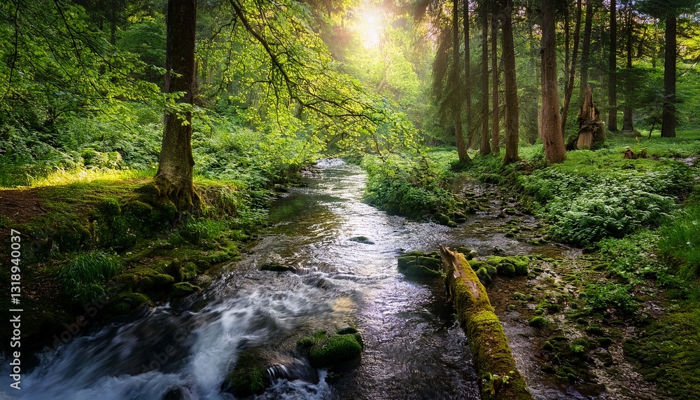 Obraz premium Peaceful forest creek winding through lush green vegetation, with soft light filtering through tree branches.