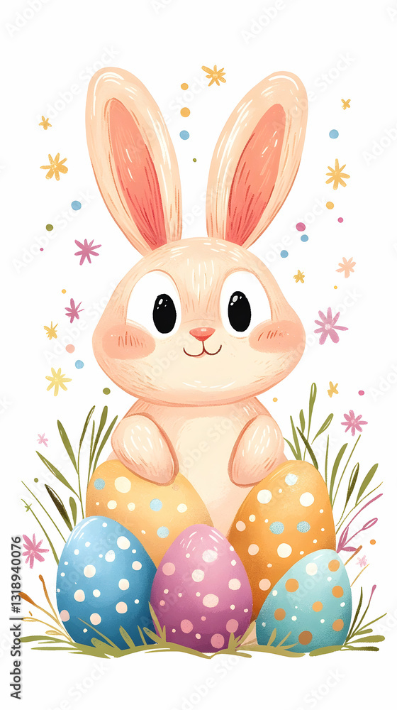 Obraz premium Cute Easter bunny sitting on colorful eggs