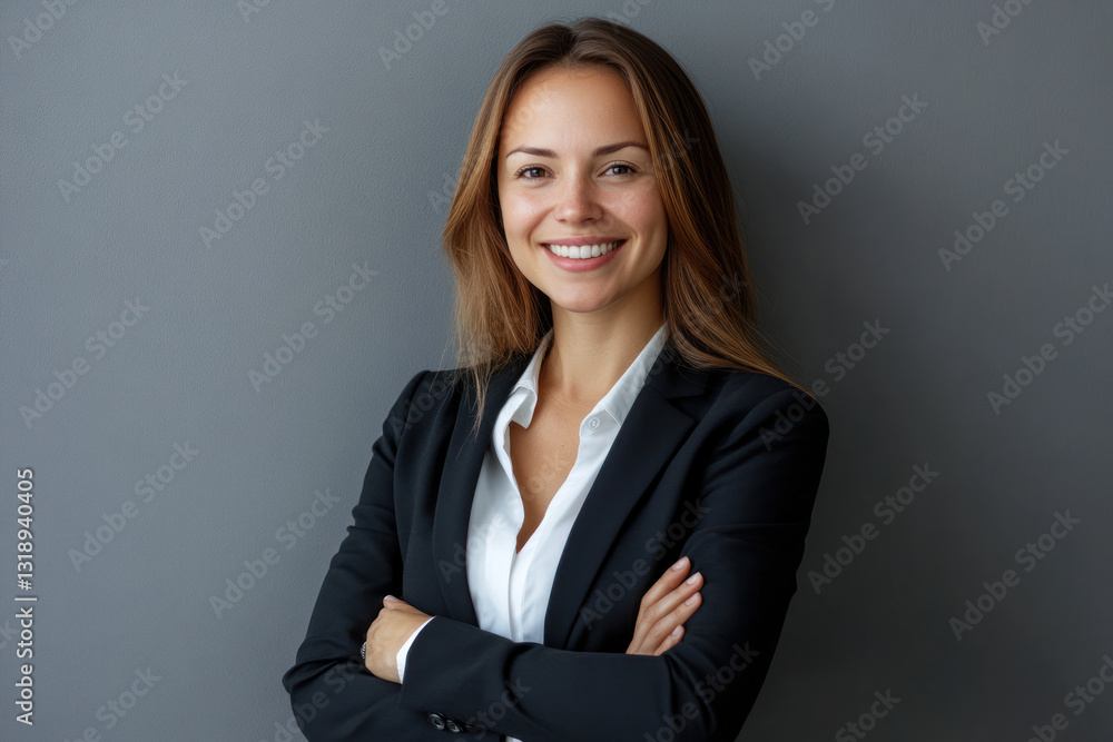 Confident businesswoman in a professional suit stands with arms crossed against a neutral gray background, exuding positivity and professionalism Confident businesswoman in a professional suit stands with arms crossed against a neutral gray background, exuding positivity and professionalism
