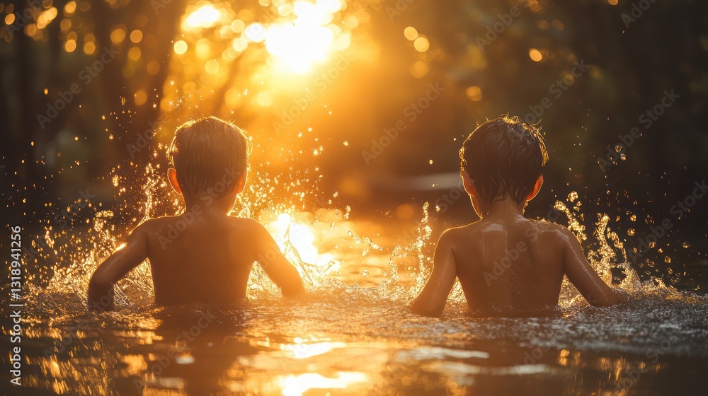 Obraz premium Boys splashing sunset river summer fun