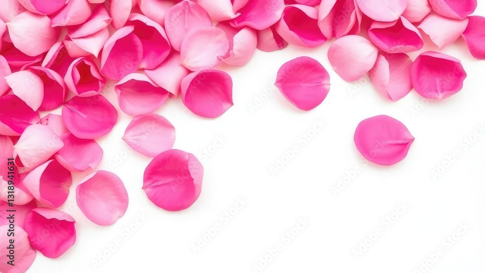 Soft pink rose petals scattered on a white background, nature, flowers, elegance Soft pink rose petals scattered on a white background, nature, flowers, elegance