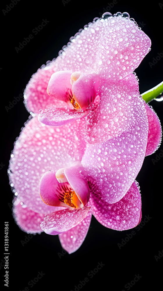 Delicate pink orchid blossoms covered in water droplets, close-up against a black background Delicate pink orchid blossoms covered in water droplets, close-up against a black background