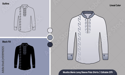 Muslim men's fashion kurta shirt. Islamic Long Sleeve Polo Shirts. Vector illustration in 3 icon sheet, lineal color, outline, and black fill silhouette. Editable EPS.