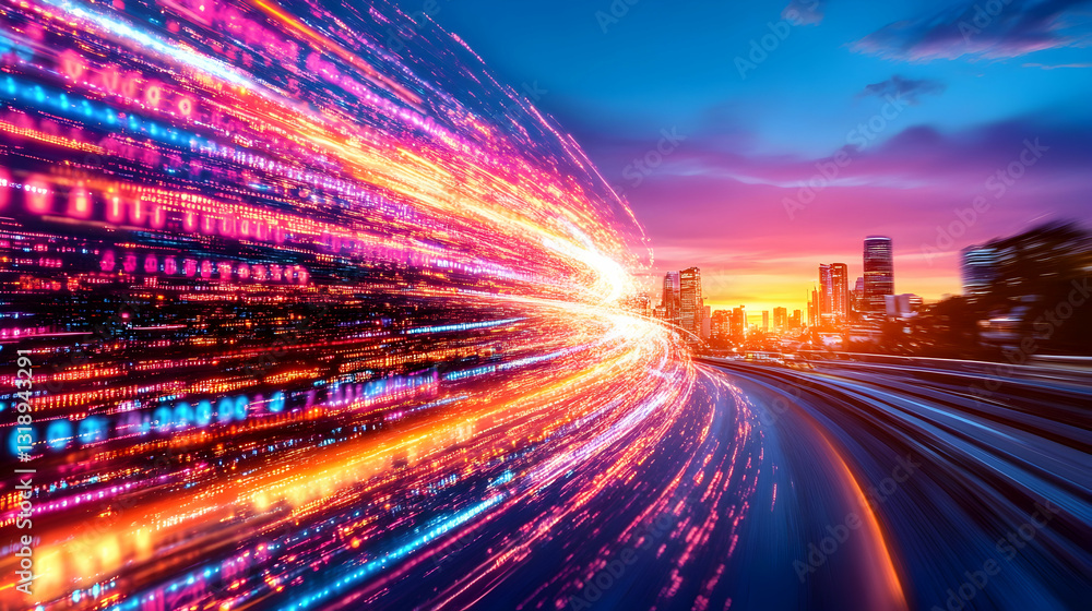 Dynamic data flow through a city at sunset Dynamic data flow through a city at sunset