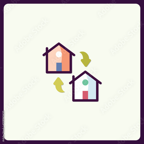 House exchange or property transfer represented by two house icons, flat design