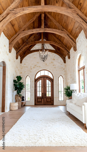 Elegant, light-filled entryway with vaulted wooden beams and stone walls