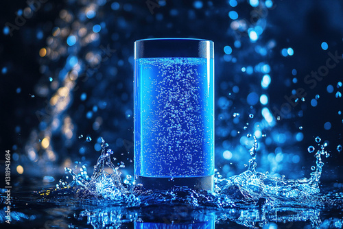  Portable hydrogen water generator with water bubbles in blue backlight against the backdrop of splashes of water . Concept of anti-aging, healthy and long life