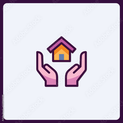 Iconic portrayal sheltering home, protective hands symbolize security and care