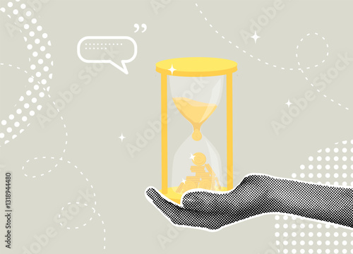 A fashionable halftone collage. Time in your hands. Concept of profit growth,salary increase, long term investment with profit. Hand holding hourglass in which time turns into money.