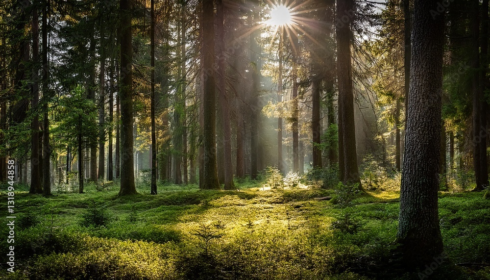 Fototapeta premium A secluded clearing in the forest with tall, ancient trees and a patch of sunlight shining through the canopy.