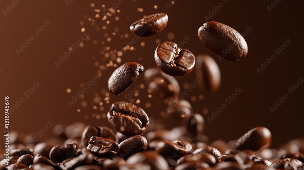 Obraz premium Roasted coffee beans tumble airily onto a dark, inviting heap, creating a delightful moment that evokes the rich aroma and warmth of freshly brewed coffee