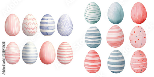 Colorful Easter Eggs Collection with Various Patterns and Soft Pastel Shades white isolate background