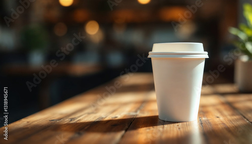 a coffee cup mockup on wooden table with blurred coffee shop background