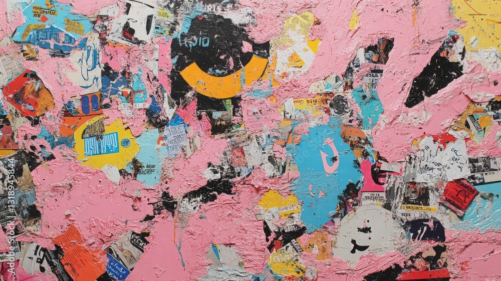 Fototapeta premium Abstract Pink and Black Textured Collage Background with Torn Paper and Posters