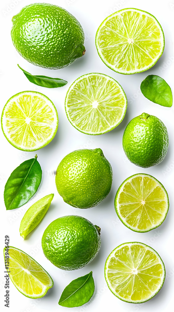 Fresh limes and leaves arranged on white background Fresh limes and leaves arranged on white background
